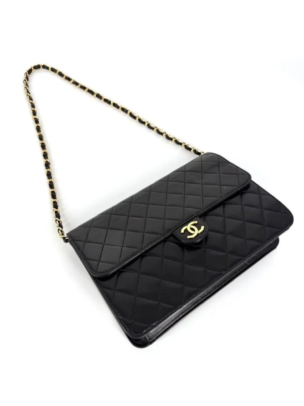 Chanel Shoulder Bag Quilted CC Logo Push Lock Crossbody Lambskin Black Gold